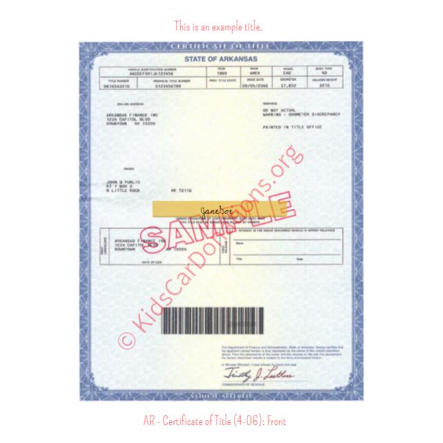 Arkansas Certificate of Title (4-06) Front | Kids Car Donations